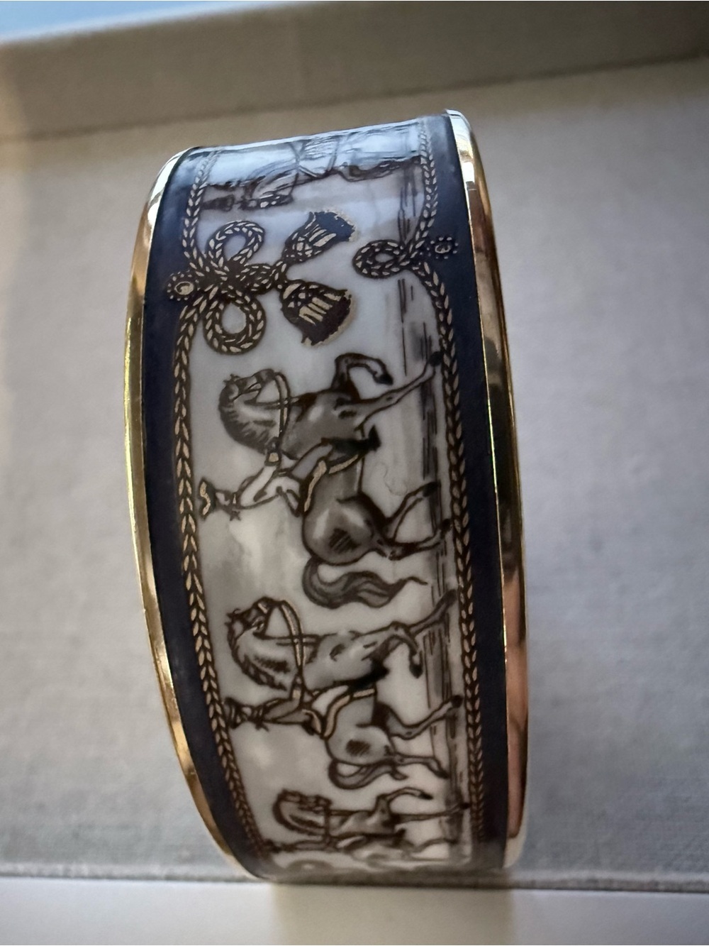 Hermes White and Black with Blue Enamel Bangle with Gold Trim - Picture 5 of 5